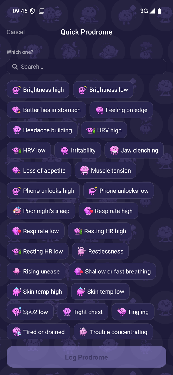 Triggers collected and tested: sleep, caffeine, stress, weather and your body